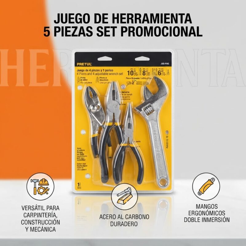Juego de Pinzas Pretul JGO-PIN5 5 Piezas con Llave Ajustable