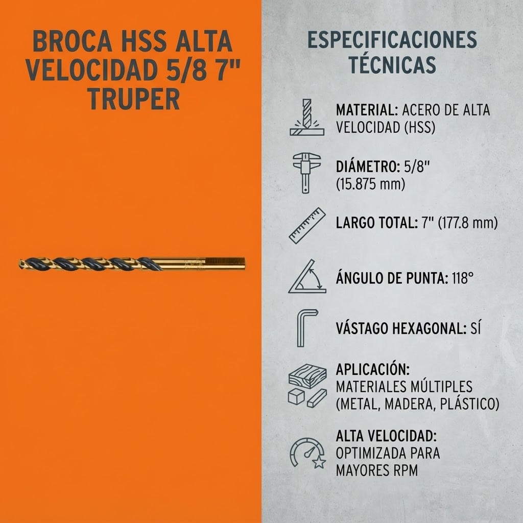 Broca para Metal HSS 5/8 x 7 Pulgadas Truper Split Point - Imagen 6