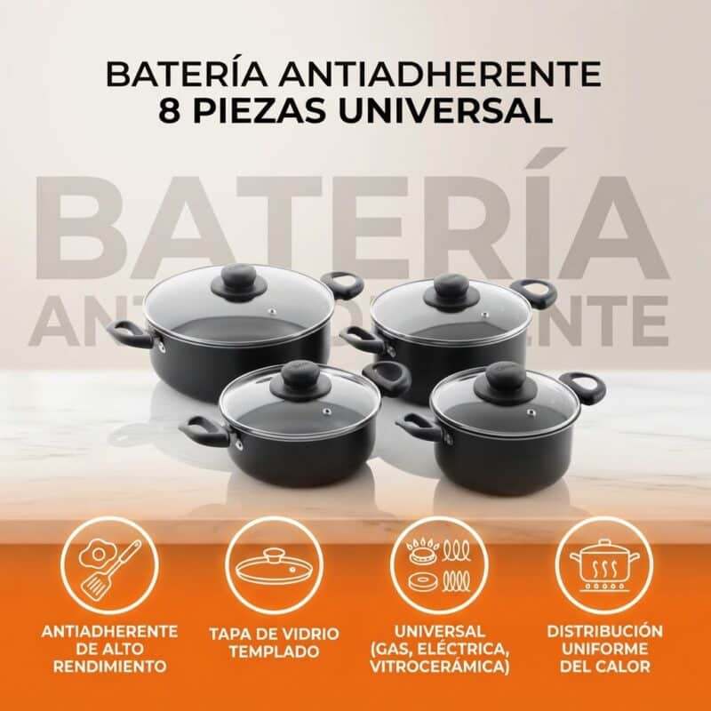 Batería de Ollas Universal 8 Piezas Antiadherente Negra