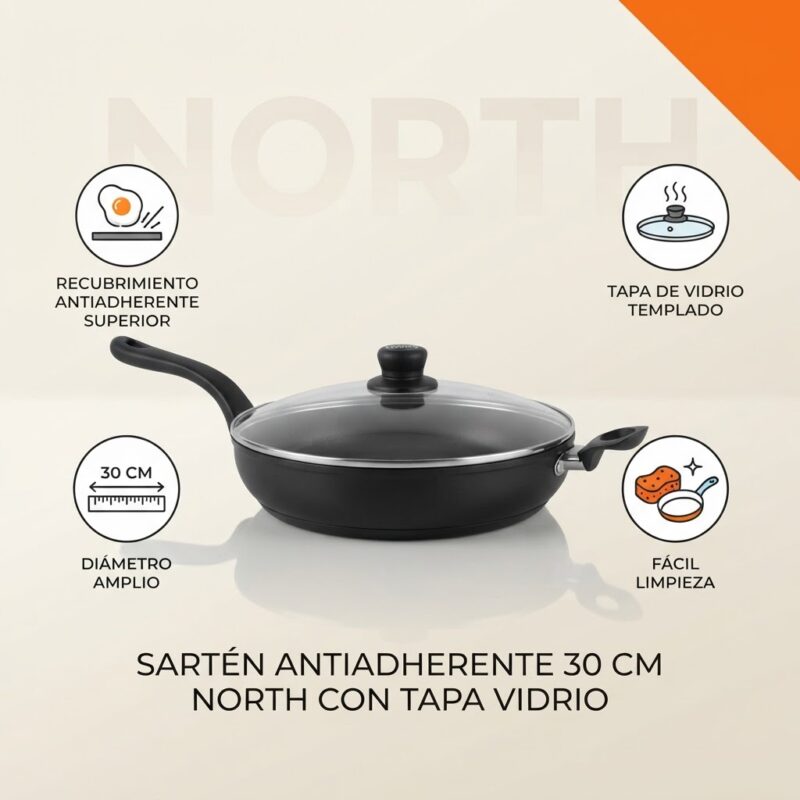 Sartén Antiadherente North 30 cm con Tapa de Vidrio