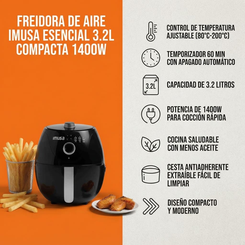 Freidora de Aire Imusa Esencial 3.2L Compacta 1400W - Imagen 3