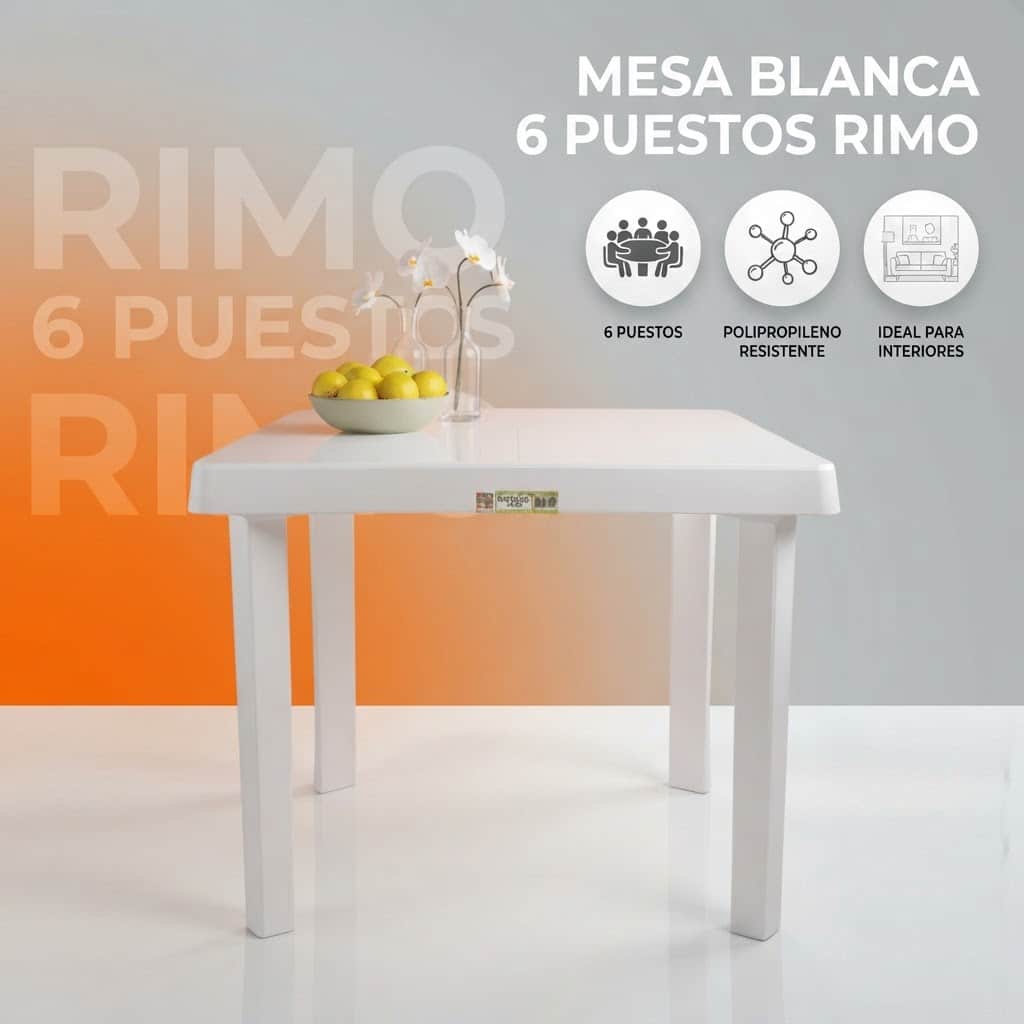 Mesa Plástica 6 Puestos Rimo Blanca Rectangular 140x80 cm