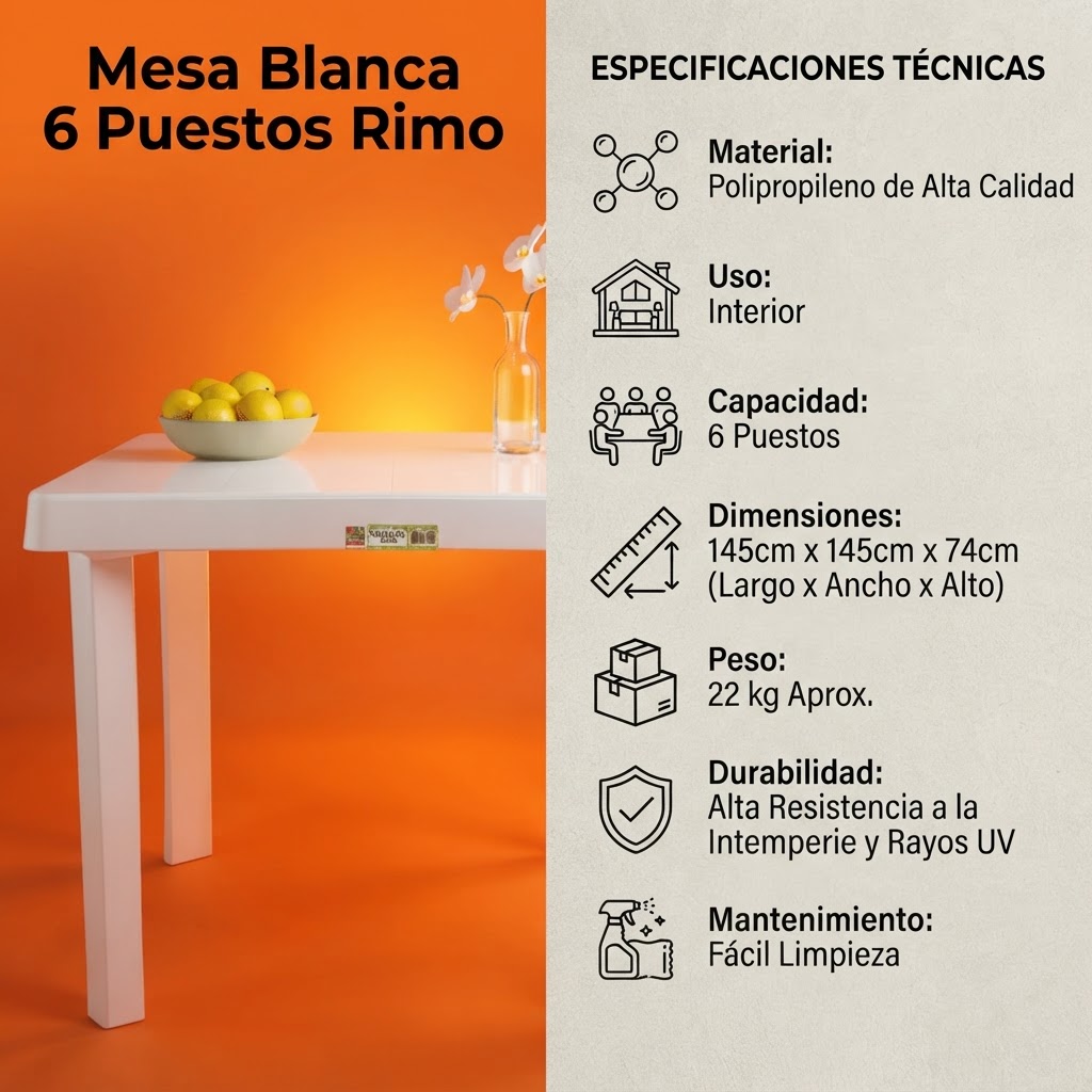 Mesa Plástica 6 Puestos Rimo Blanca Rectangular 140x80 cm - Imagen 3