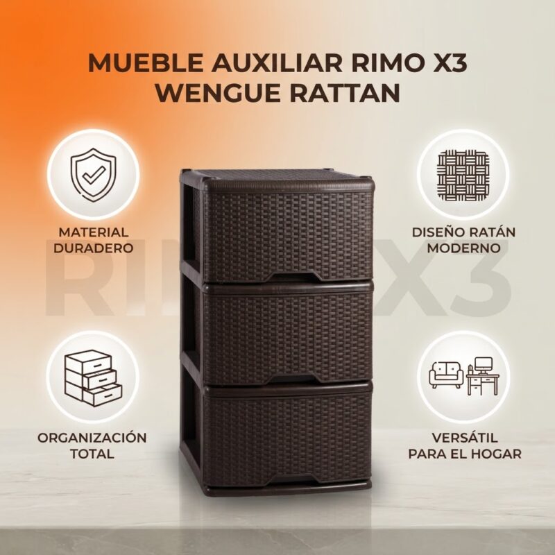 Mueble Auxiliar Rimo R13036 3 Cajones Wengue Rattan