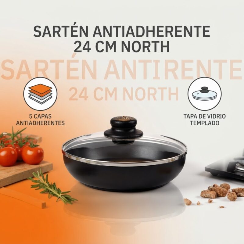 Sartén Antiadherente con Tapa de Vidrio North 24 cm