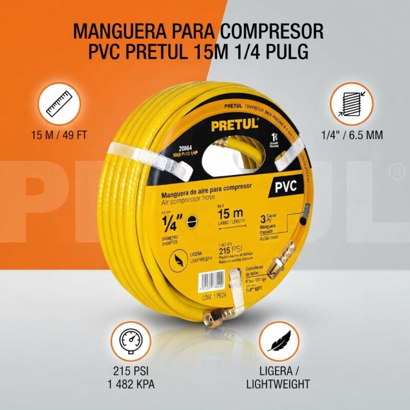 Manguera para compresor de aire Pretul 15 m 1/4 pulg PVC