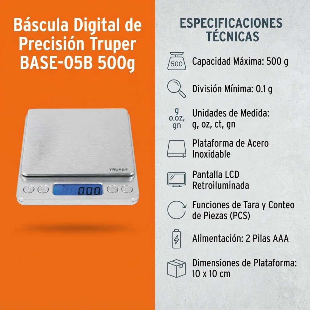 Gramera Digital Truper BASE-05B 500 g Acero Inoxidable - Imagen 2
