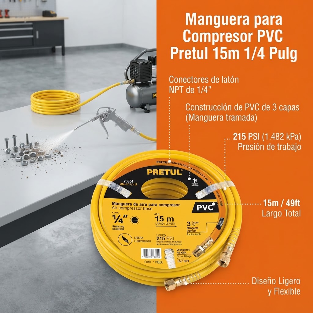 Manguera para compresor de aire Pretul 15 m 1/4 pulg PVC - Imagen 6
