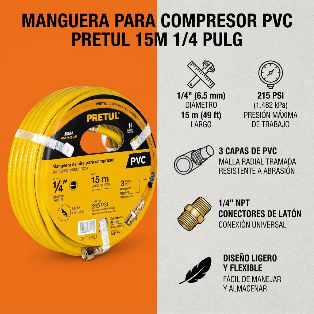 Manguera para compresor de aire Pretul 15 m 1/4 pulg PVC - Imagen 7