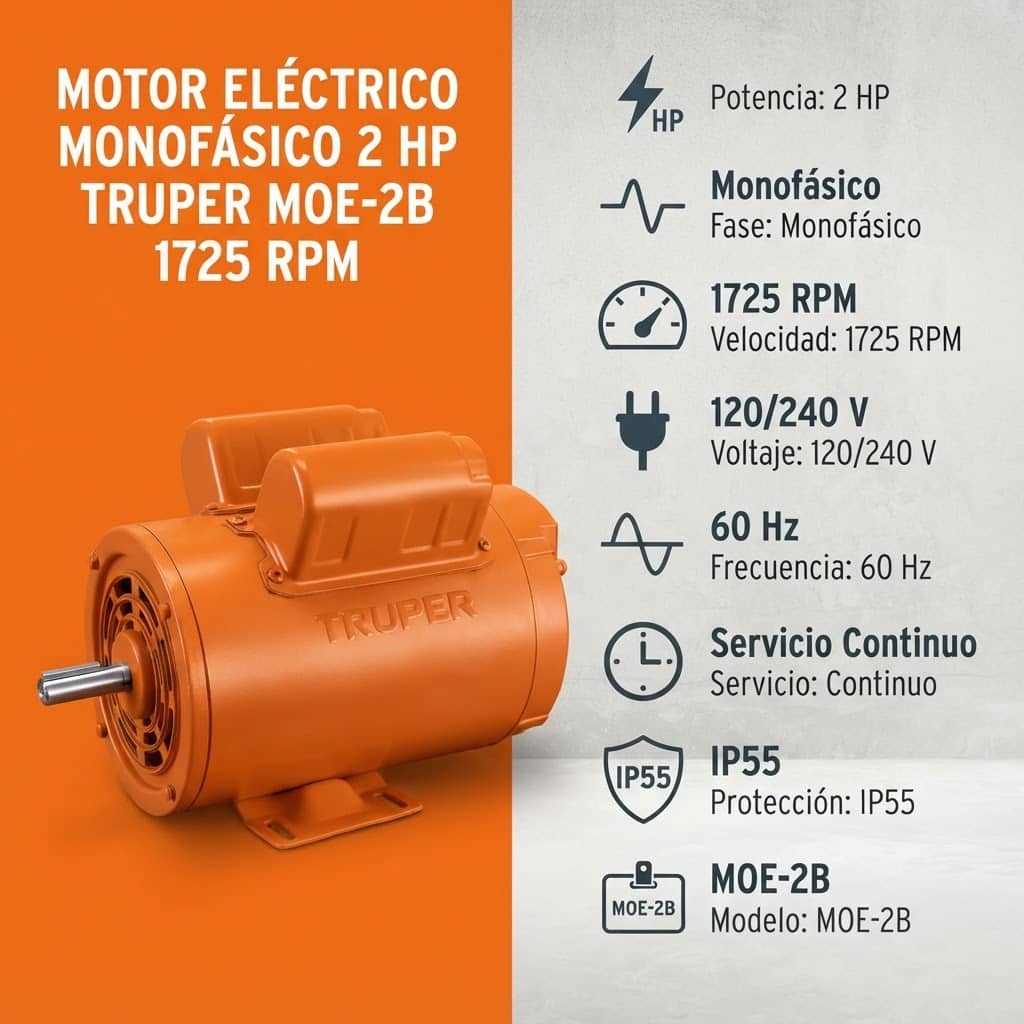 Motor Monofásico 2 HP Truper MOE-2B 1725 RPM Baja Velocidad - Imagen 5