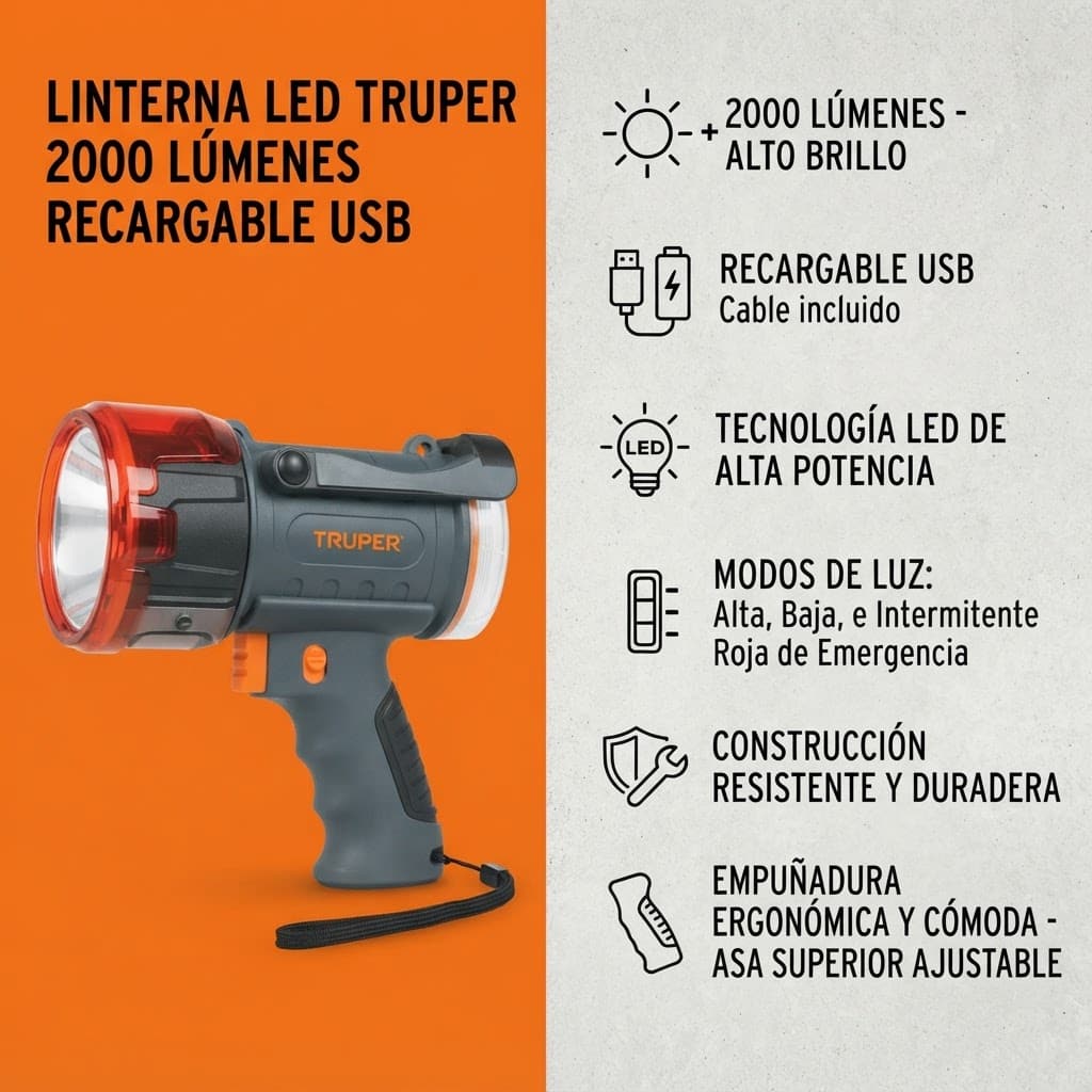 Linterna Recargable Potente Truper 2000 Lúmenes USB - Imagen 6