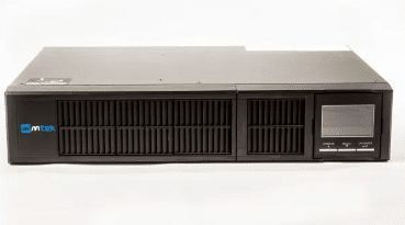 UPS online rack 1kVA Mtek JAL1101-RK en posición horizontal, vista frontal con logo Mtek, rejillas y pantalla LCD