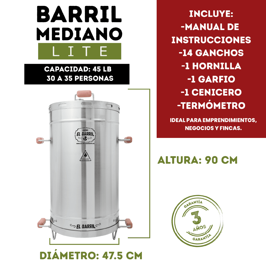 Barril Asador LÍNEA LITE Acero Inox. 430 Mediano 45 Lbs