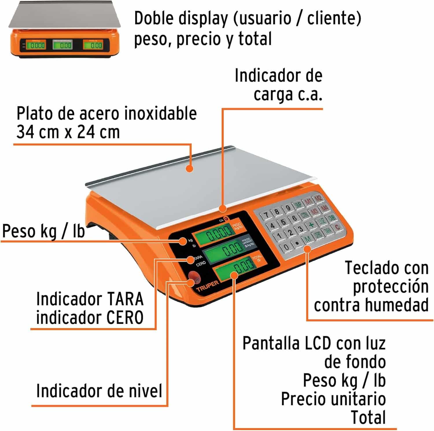 Báscula Electrónica Truper 40 kg Multifunción Tara - Imagen 8