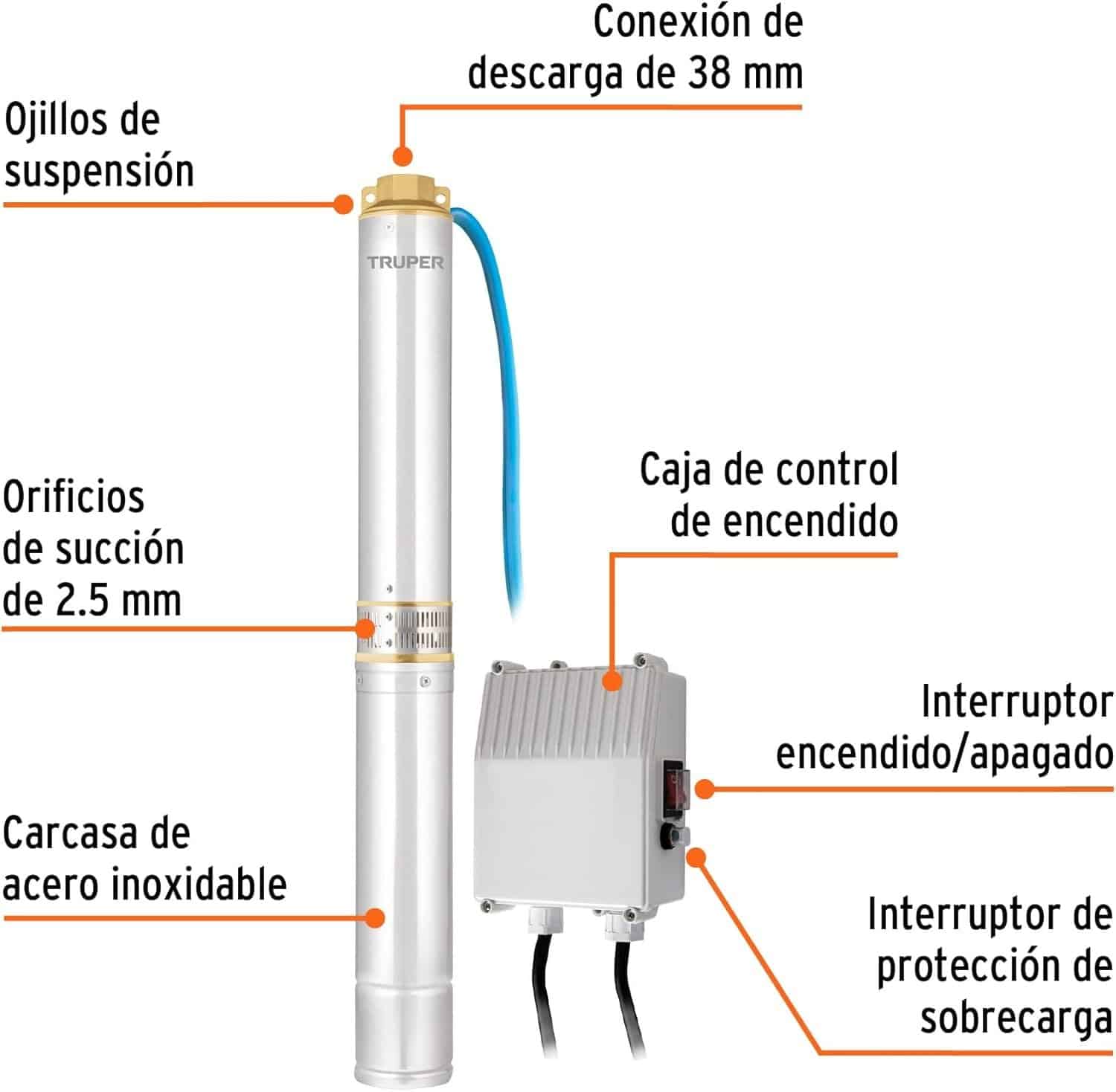 Bomba Sumergible Truper 2 HP Tipo Bala Agua Limpia - Imagen 2