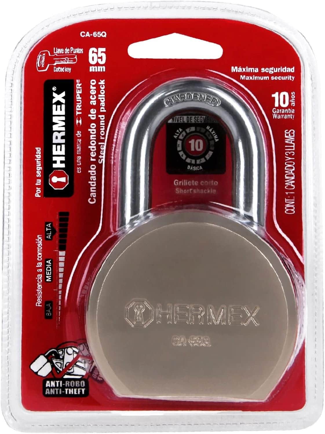 Candado Redondo Hermex 65mm Gancho Corto Llave Puntos - Imagen 12