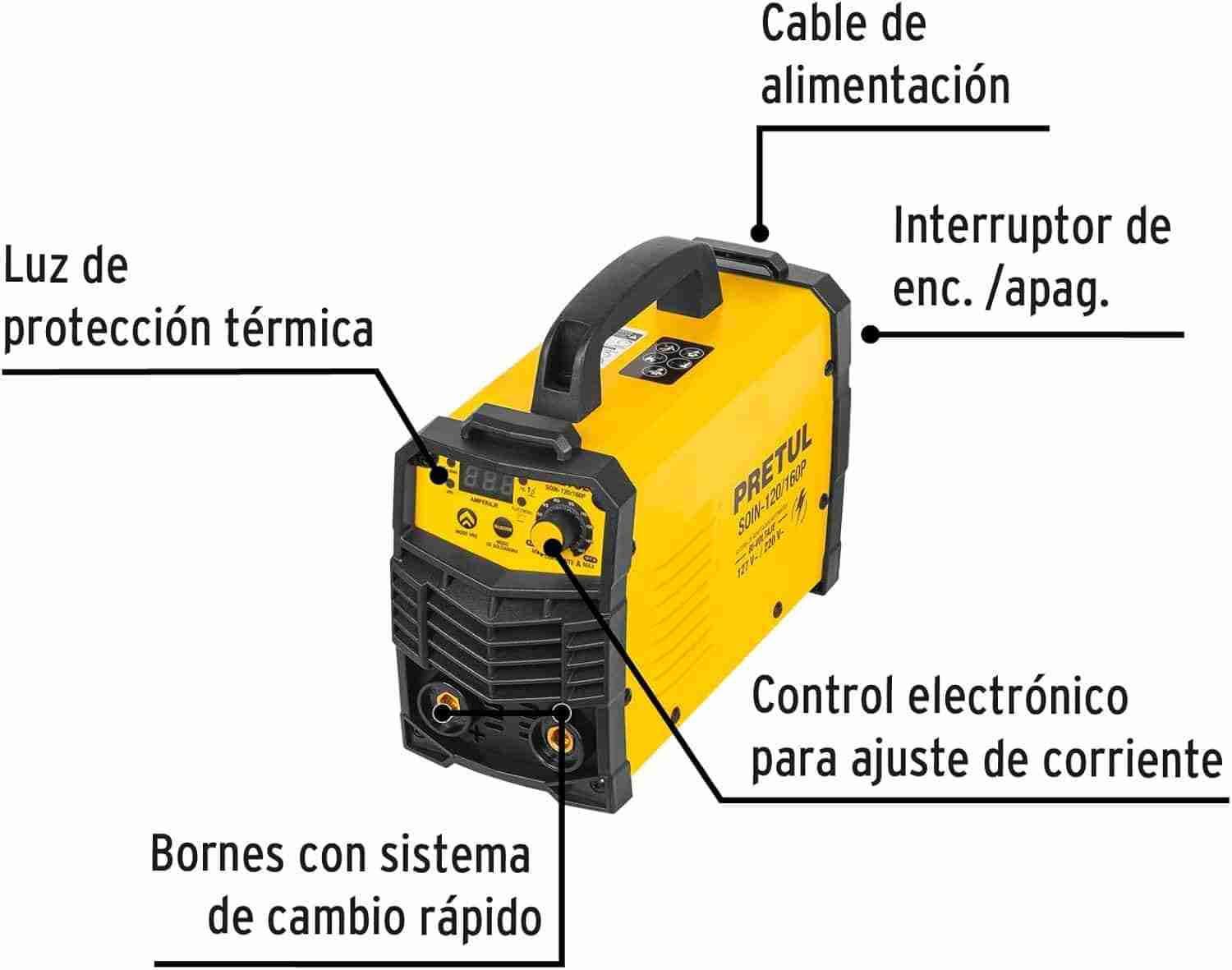 Soldadora inversora 160 A Pretul con display digital, perilla de corriente, luz térmica y bornes de cambio rápido