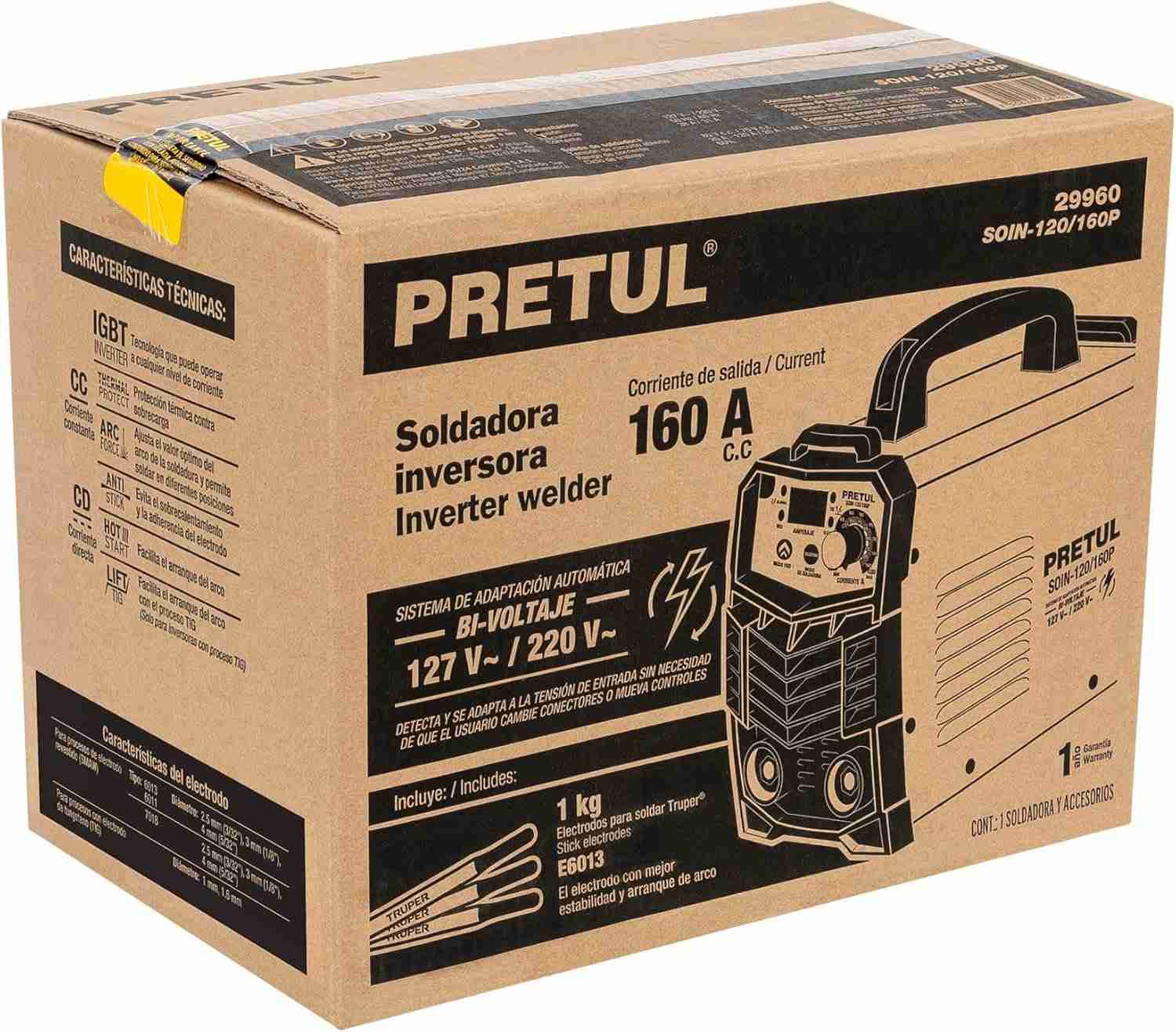 Caja de la soldadora inversora 160 A Pretul SOIN-120/160P bivoltaje 127/220 V con 1 kg de electrodos E6013