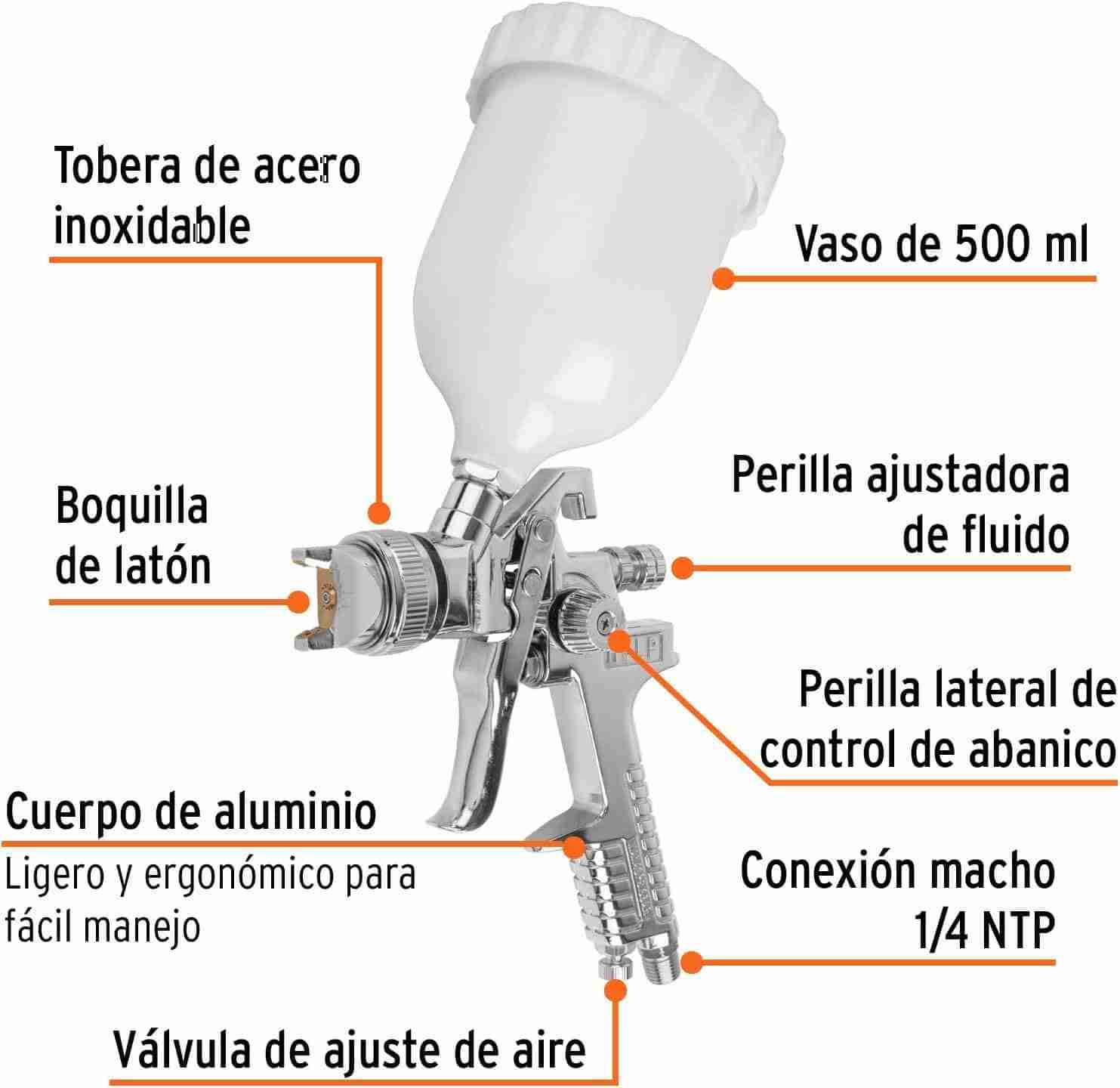 Pistola para pintar HVLP Truper PIPI-440 con sus partes: boquilla de latón, tobera inoxidable y vaso de 500 ml