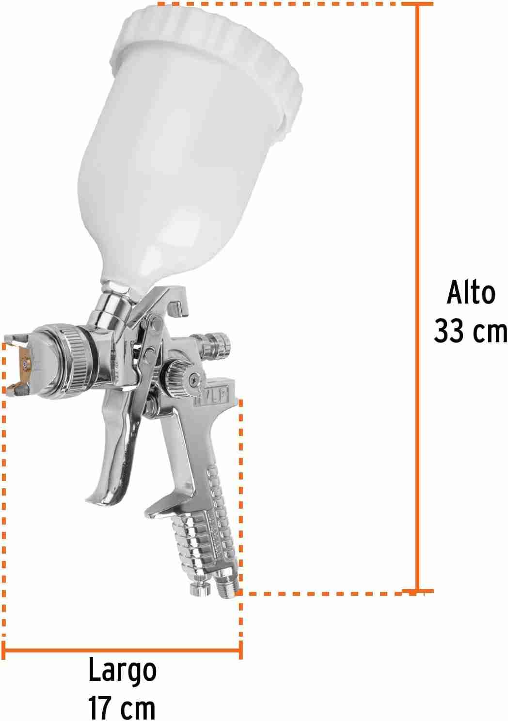 Medidas de la pistola para pintar HVLP Truper PIPI-440: 33 cm de alto por 17 cm de largo con vaso incluido