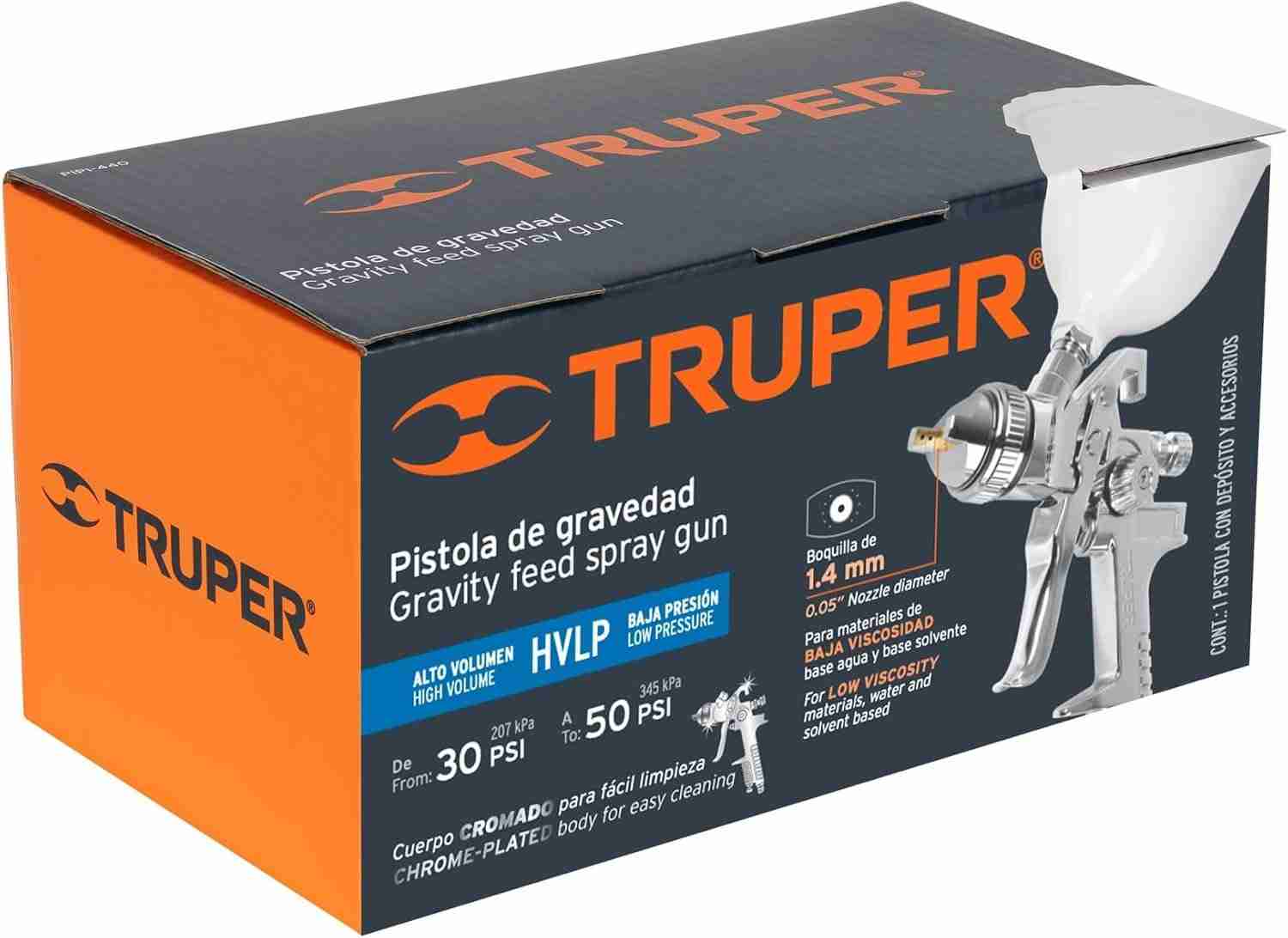 Caja original de la pistola para pintar HVLP Truper PIPI-440 con boquilla de 1.4 mm, trabaja de 30 a 50 PSI