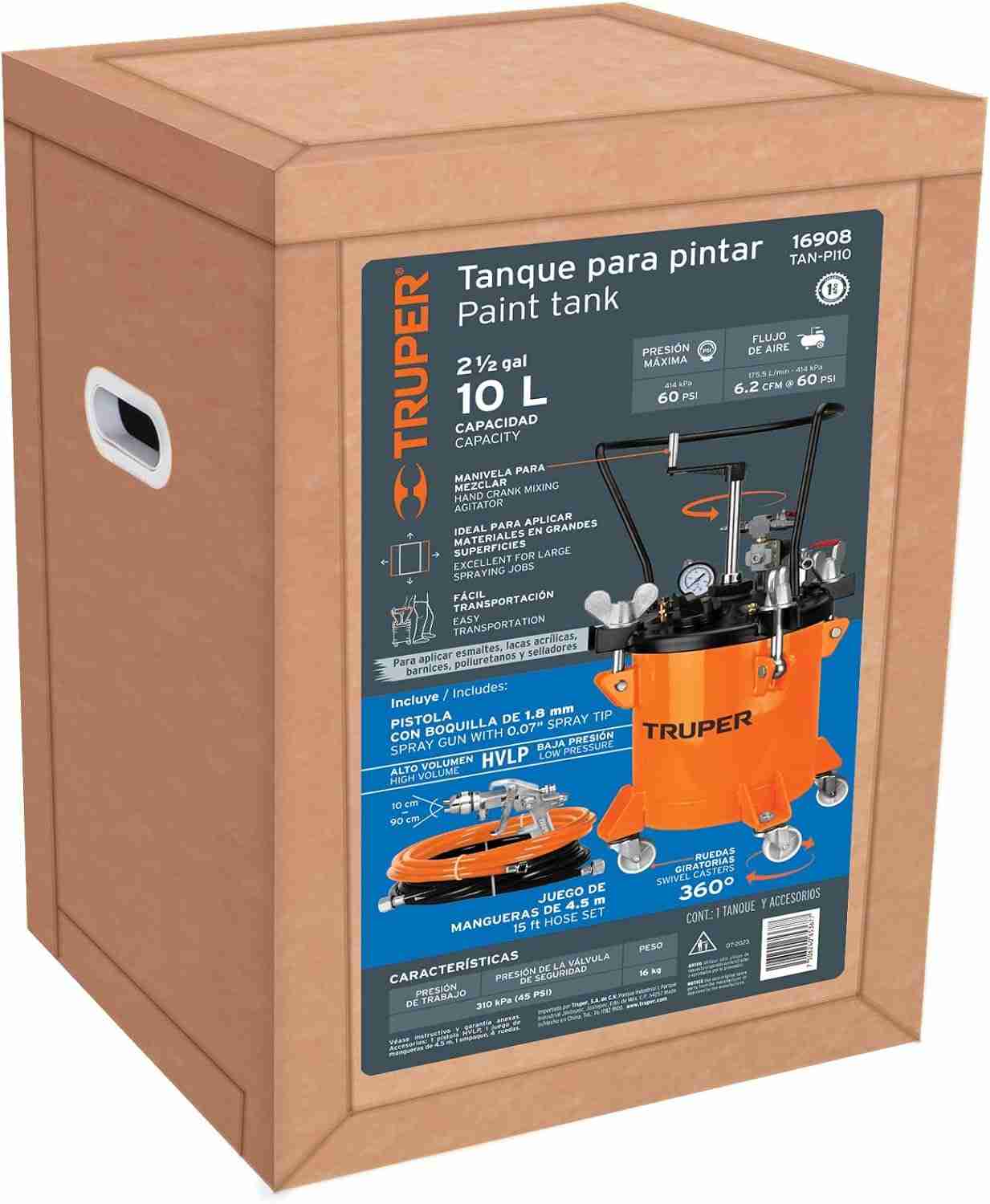 Caja del tanque para pintar Truper 16908 TAN-PI10 de 10 L con presión máxima de 60 PSI y pistola HVLP