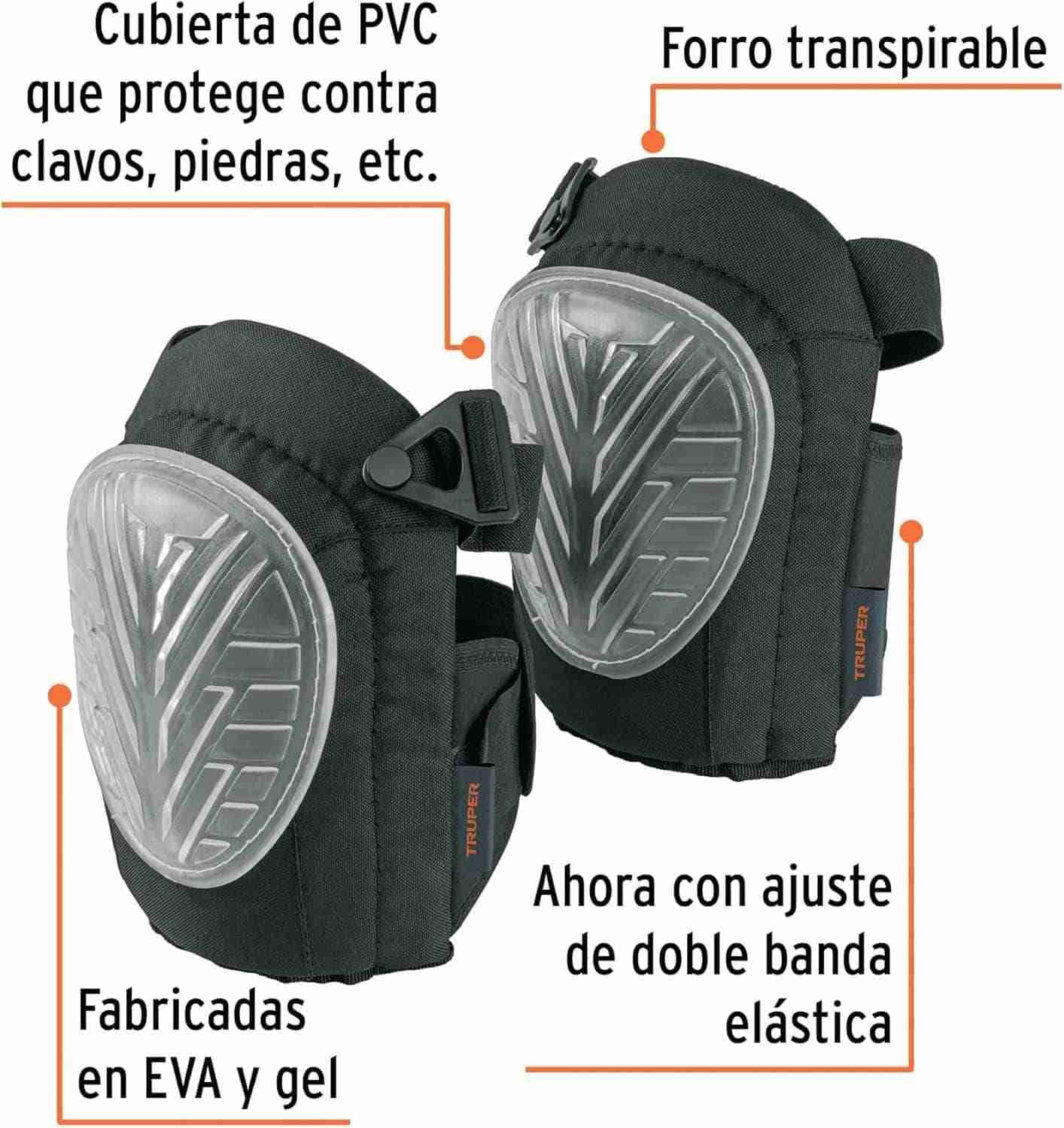 Rodilleras de gel Truper ROD-X con indicaciones: cubierta de PVC, forro transpirable, EVA y gel y doble banda elástica