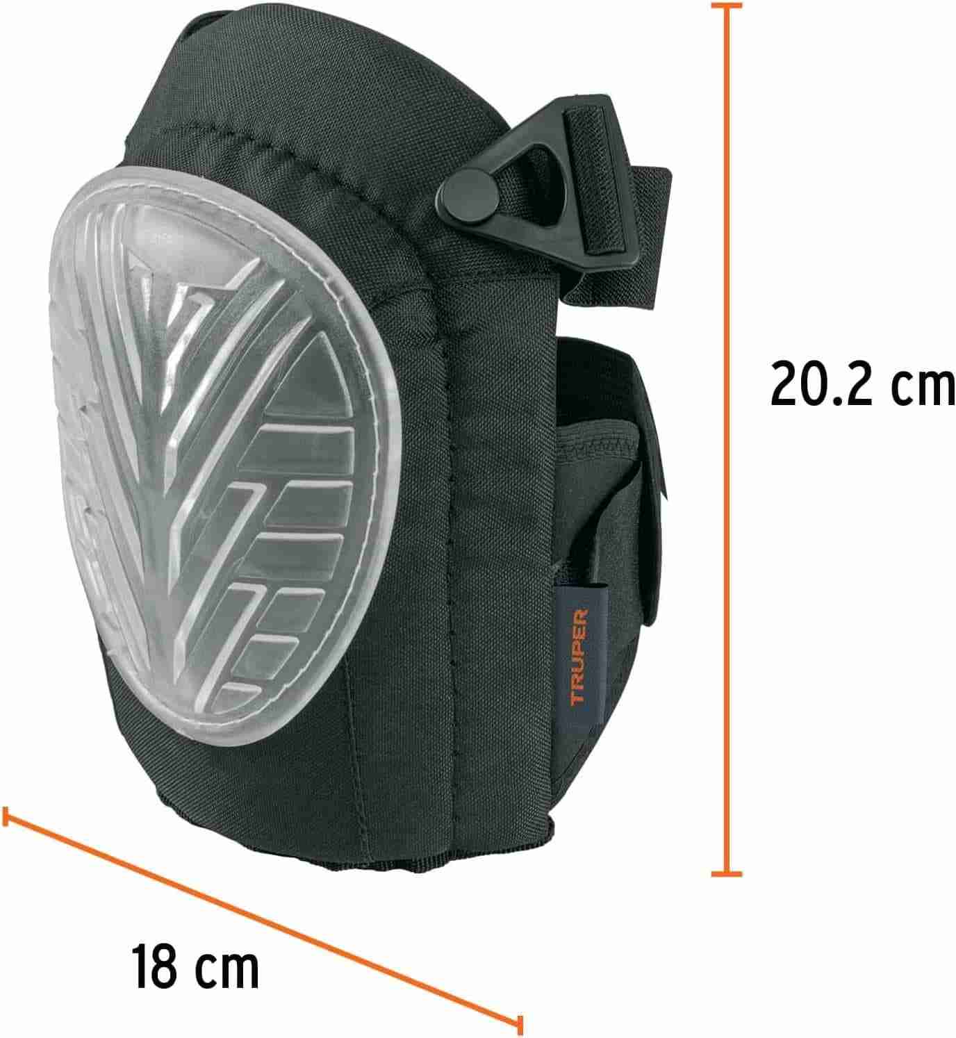 Medidas de las rodilleras de gel Truper ROD-X: 20.2 cm de alto por 18 cm de ancho, vista lateral con hebilla de ajuste