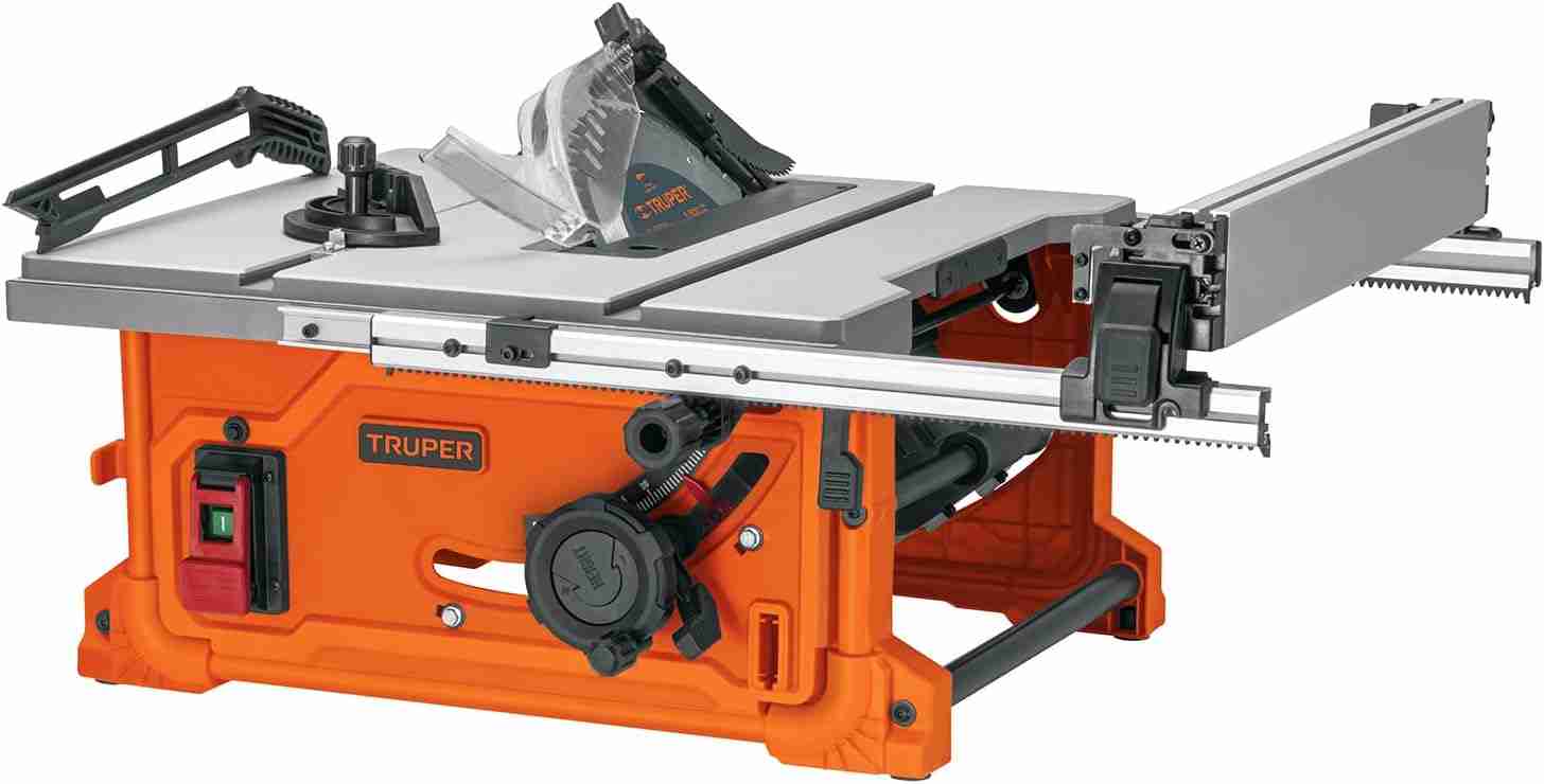 Sierra de mesa Truper de 10 pulgadas naranja con mesa de aluminio, guía paralela, protector del disco e interruptor