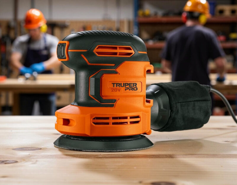 Lijadora Rotorbital Inalámbrica Truper Pro LIRI-20AS 5" 20 V brushless solo herramienta con mango ergonómico doble y bolsa colectora de polvo.