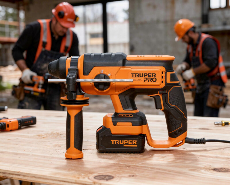 Rotomartillo SDS Plus Inalámbrico Truper Pro ROEI-20AS 20 V brushless solo herramienta con mango auxiliar ergonómico y luz LED integrada.