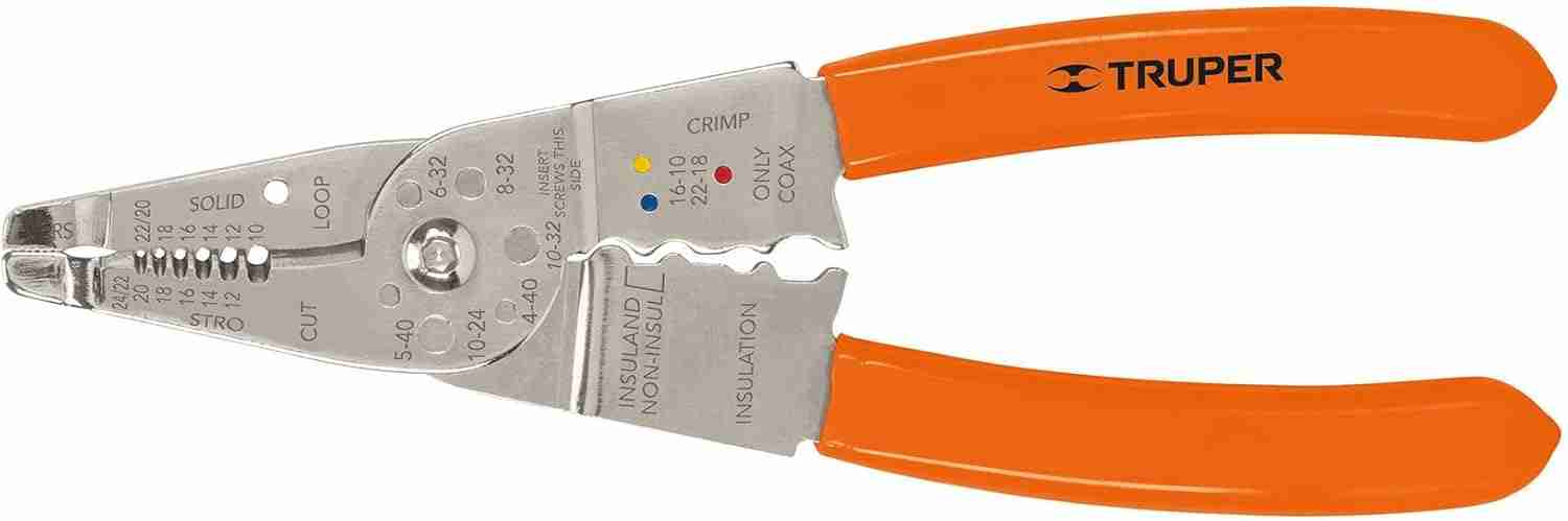 Pinza Pela Cables Truper PE-CA-8 8" con mango ergonómico aislante y mordaza de acero templado.