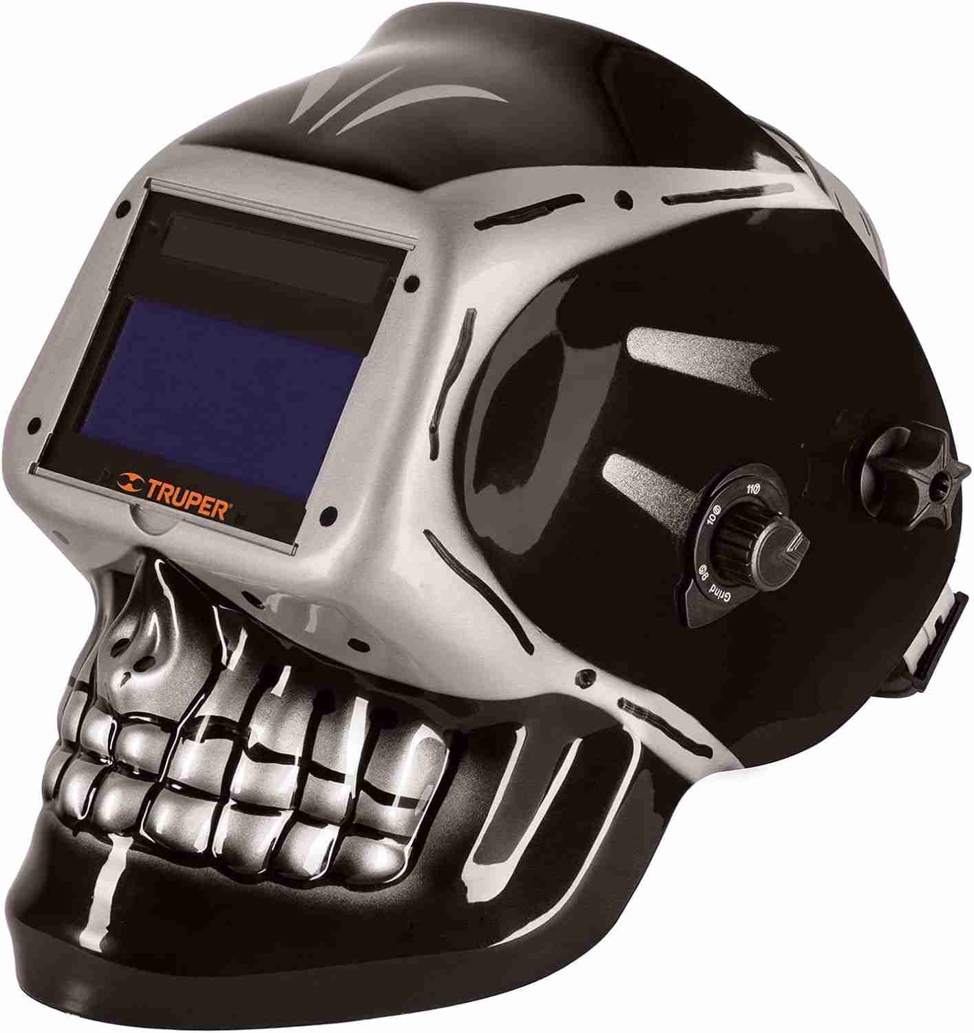 Careta electrónica para soldar Pretul CAREL-913C modelo calavera sombra 9 a 13 con ajuste ergonómico.