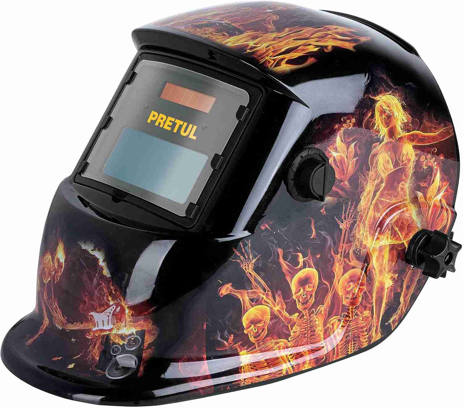 Careta electrónica para soldar Pretul CAREL-11FP diseño fuego sombra 9 a 13 con ajuste ergonómico.