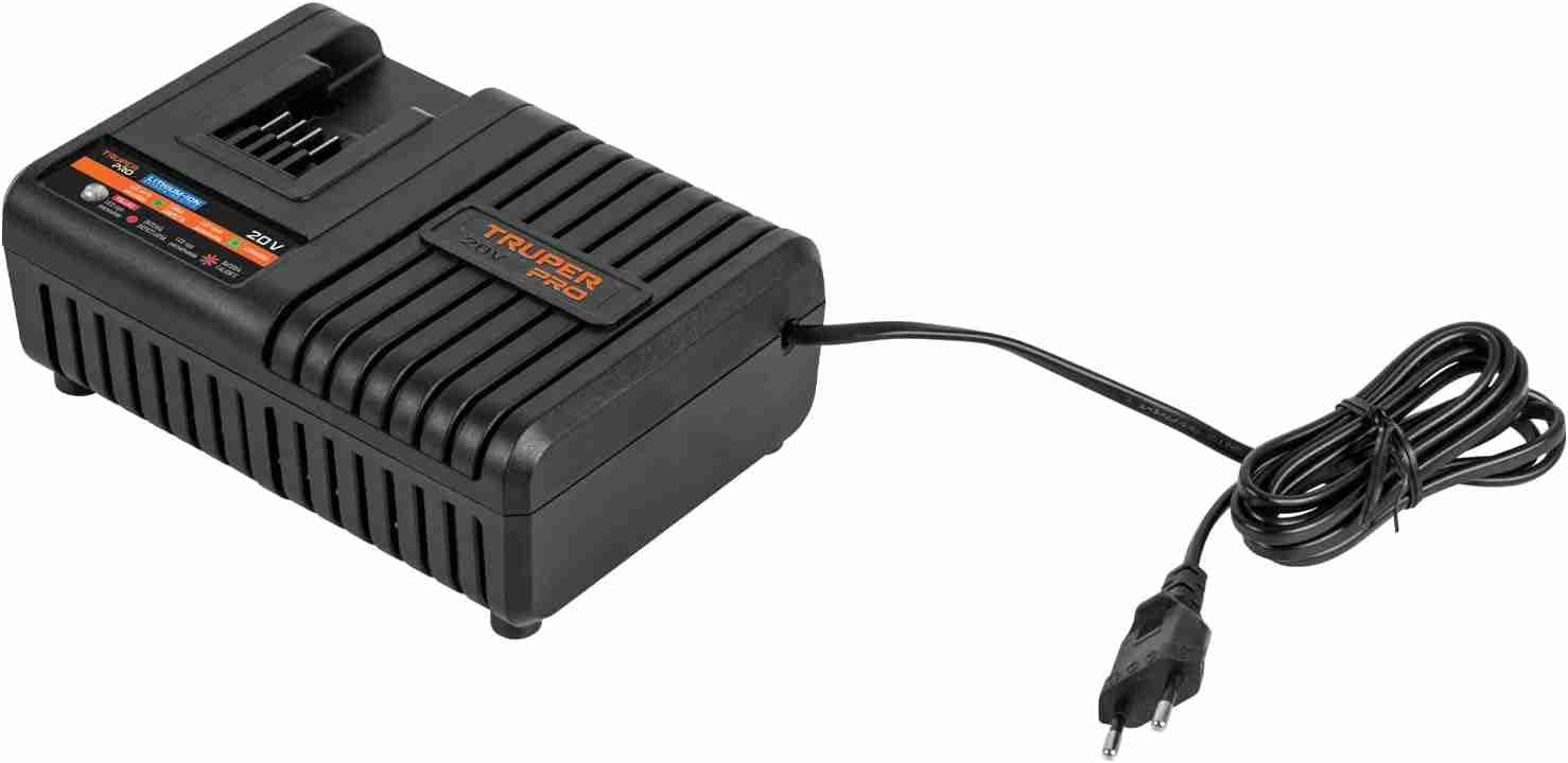 Cargador Rápido Pretul PRO CARA-20A 20 V con indicador LED y conector para baterías ion litio.