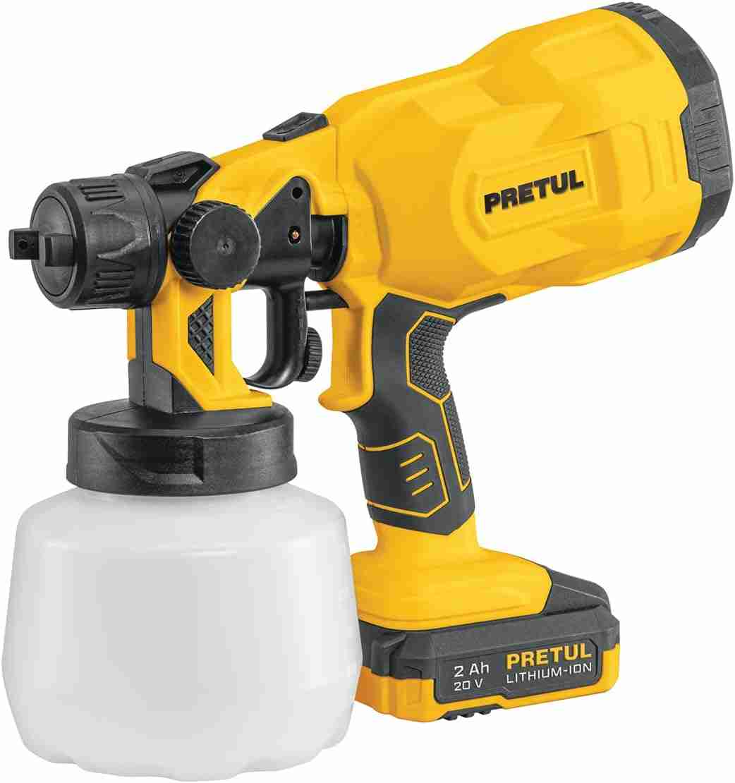 Pistola para Pintar Pretul PIPI-20P 20 V inalámbrica con batería 2Ah y boquillas intercambiables.