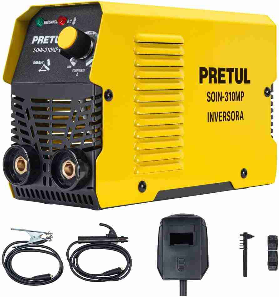 Mini Soldadora Inversora Pretul SOIN-310MP 100 A Serie 300 bi-voltaje con pinza y cable.