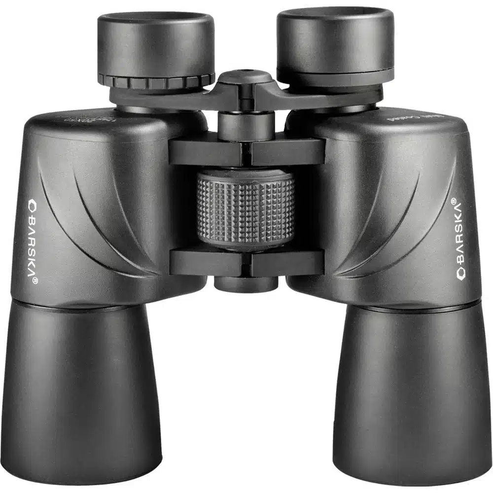 Binoculares profesionales Barska Escape 20x50 vistos desde arriba con oculares, enfoque central y armadura de goma negra