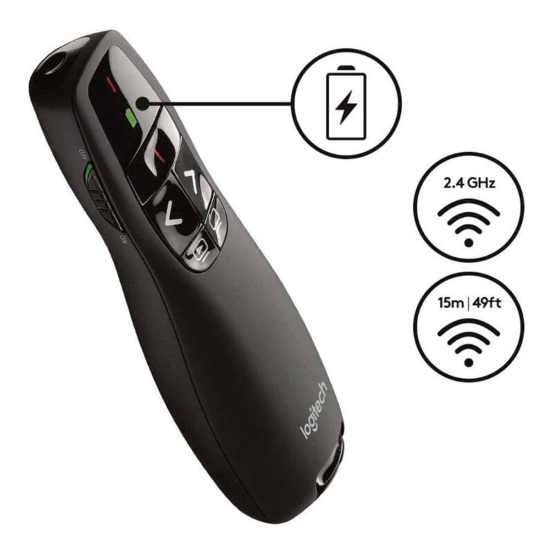 Puntero láser Logitech inalámbrico negro en ángulo con botones para diapositivas e íconos de batería y conexión inalámbrica