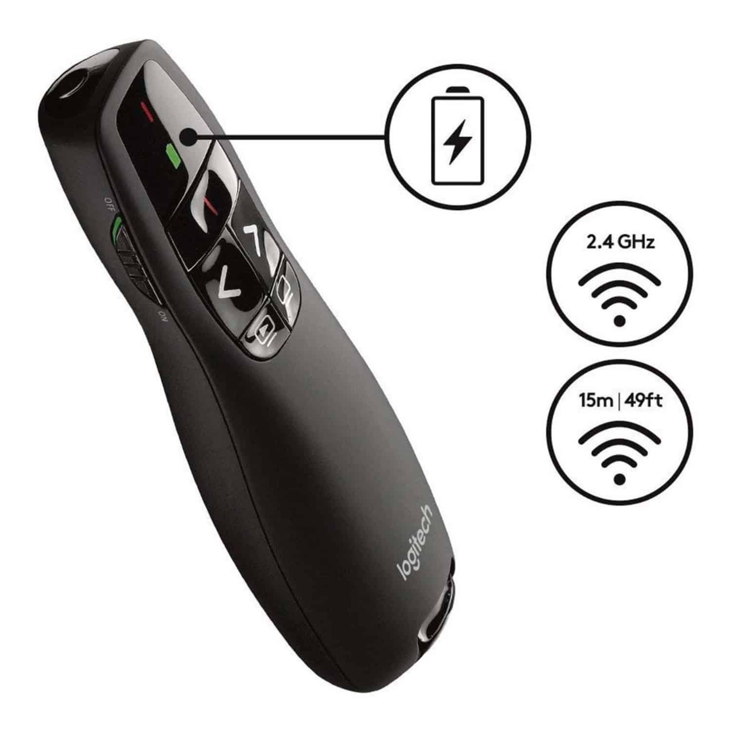 Puntero láser Logitech inalámbrico negro en ángulo con botones para diapositivas e íconos de batería y conexión inalámbrica