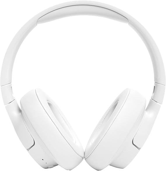 Audífonos JBL de diadema Tune 720BT blancos vistos de frente, con almohadillas acolchadas y diadema ajustable
