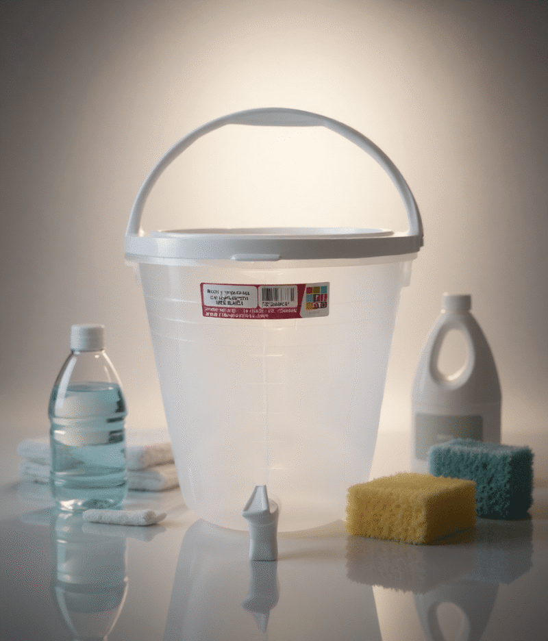 Balde con grifo 10 litros Rimo translúcido con tapa blanca junto a botella de agua, esponjas y toallas de cocina