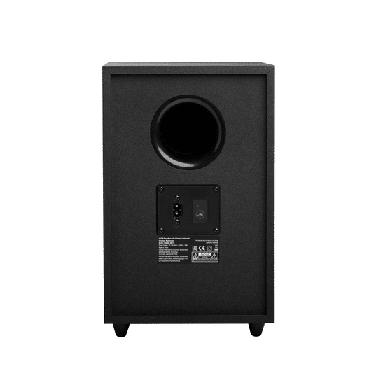 Parte trasera del subwoofer de la barra de sonido para televisor JBL Cinema SB170 con puerto de bajos y conector