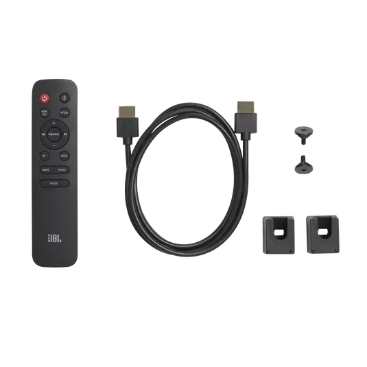 Accesorios de la barra de sonido para televisor JBL Cinema SB170: control remoto, cable HDMI y soportes de pared