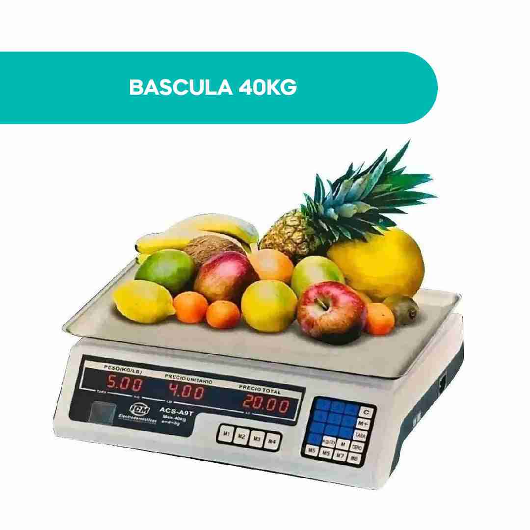Balanza electrónica 40 kg con frutas sobre el plato metálico y pantallas de peso, precio unitario y total