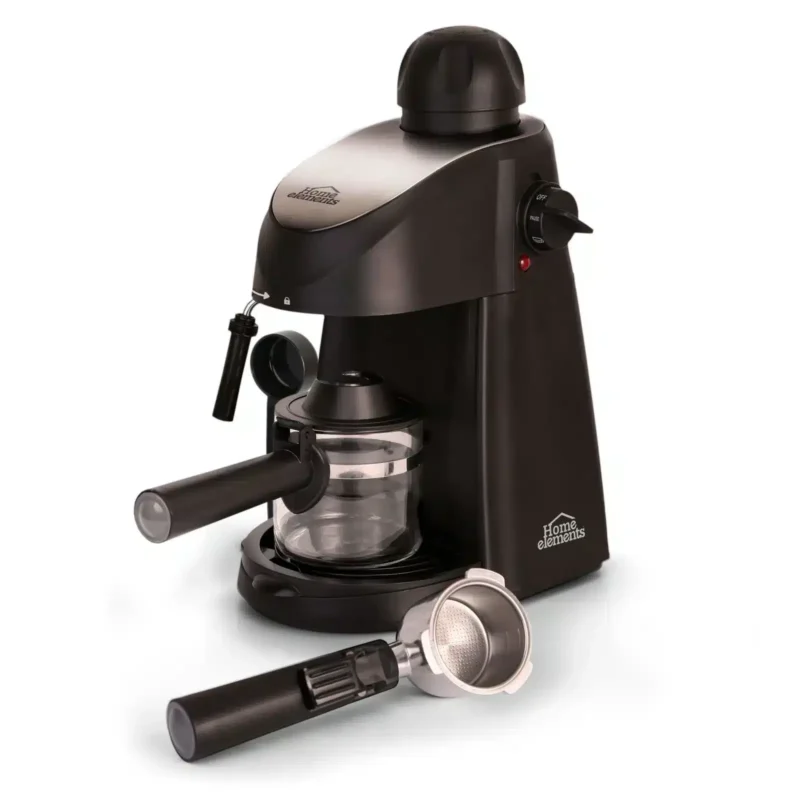 Cafetera espresso Home Elements HECM-2033N negra con jarra de vidrio y portafiltro metálico sobre fondo blanco