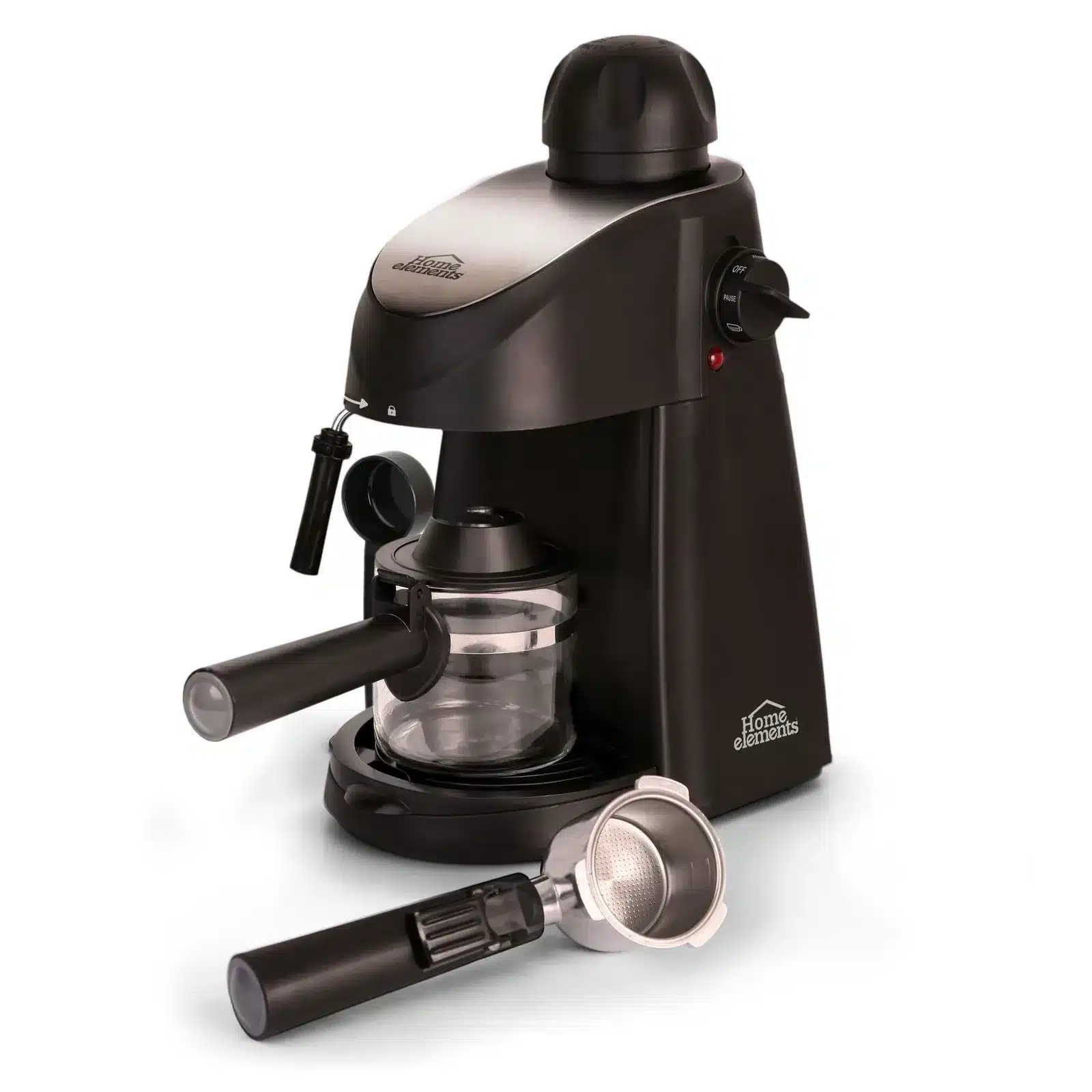 Cafetera espresso Home Elements HECM-2033N negra con jarra de vidrio y portafiltro metálico sobre fondo blanco