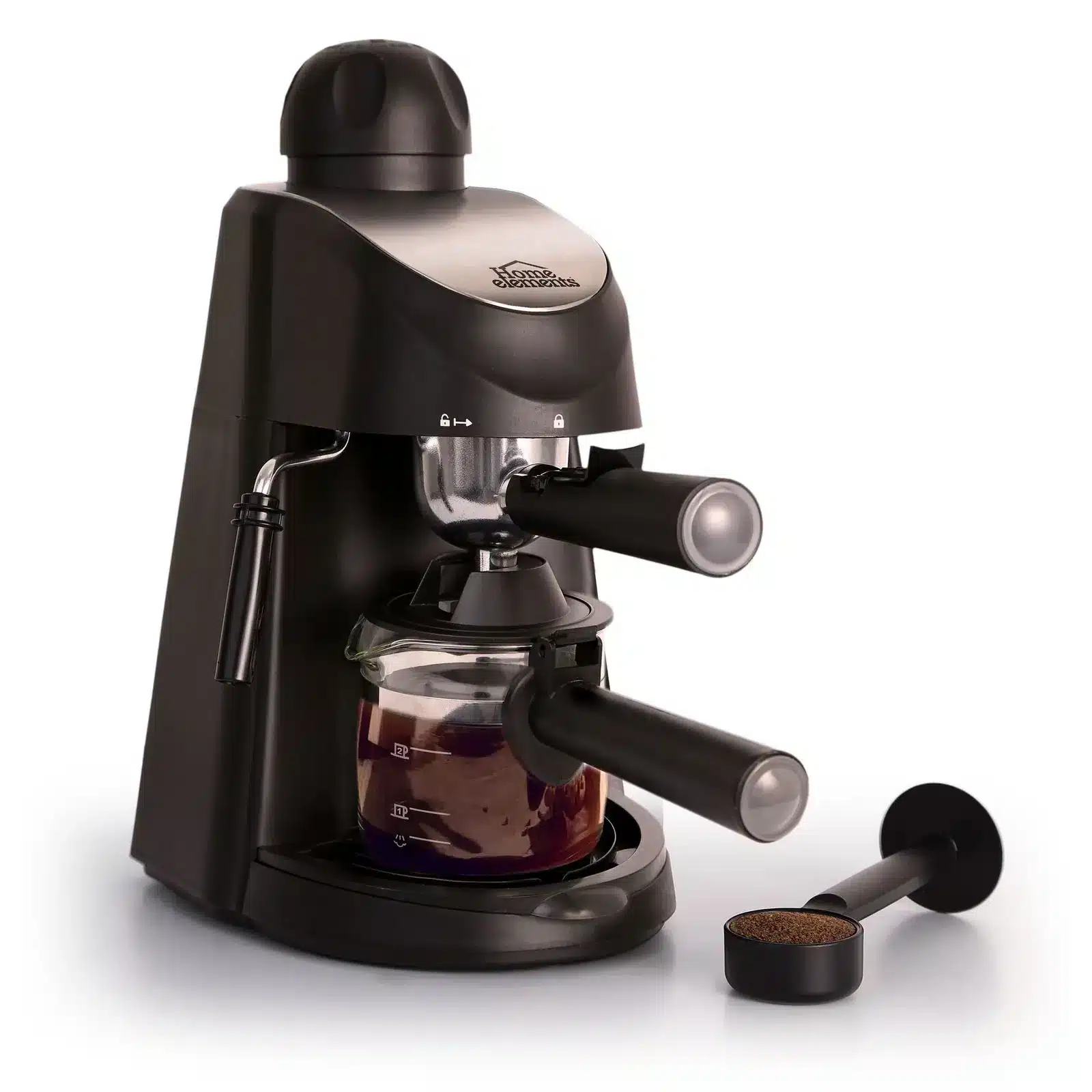 Cafetera espresso Home Elements HECM-2033N preparando café en jarra de vidrio con medidas para 1 y 2 tazas