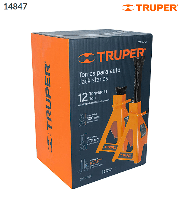 Caja de torres para carro 12 toneladas Truper TORAU-12 con 2 piezas, altura mínima 500 mm y máxima 770 mm