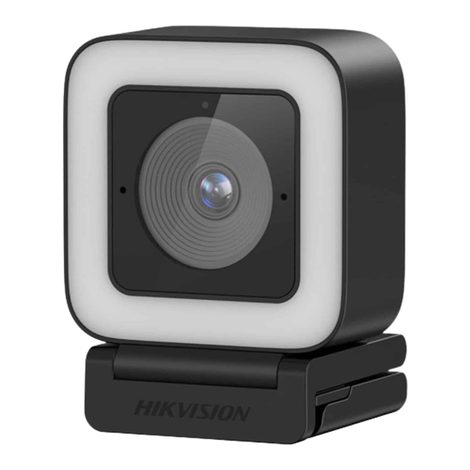 Cámara web 2K Hikvision IDS-UL4P de frente con aro de luz blanca, lente central, orificios de micrófono y logo en la base